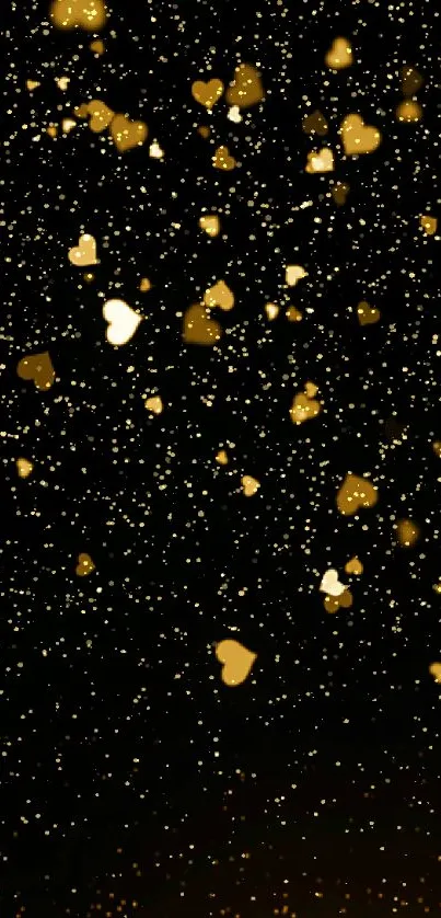 Golden hearts floating on a black background.