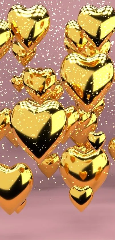 Golden hearts on pink background mobile wallpaper.