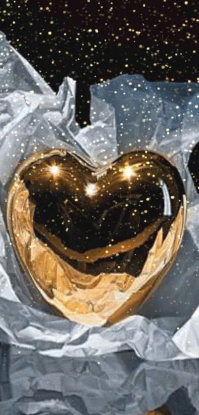 Golden heart nestled in crumpled paper background.