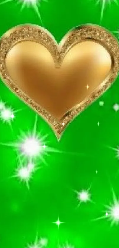 Golden heart on green background with sparkling lights.