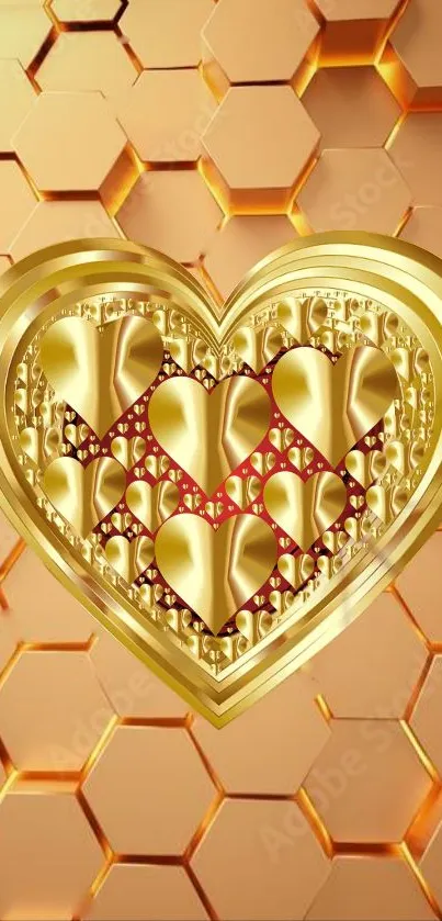 Golden heart design on hexagonal pattern wallpaper.