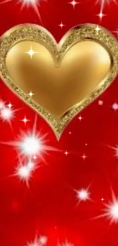 Golden heart on a red background with sparkling stars.