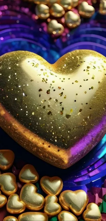 Golden heart on vibrant colorful background.