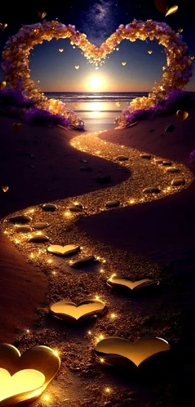 Golden heart-shaped path glowing under a starry night sky.