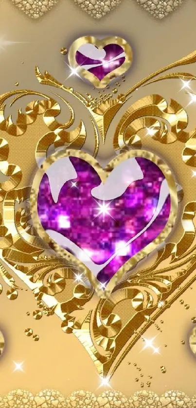 Golden and purple heart pattern mobile wallpaper.