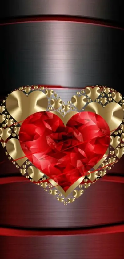 Golden heart with red diamond on metallic background.