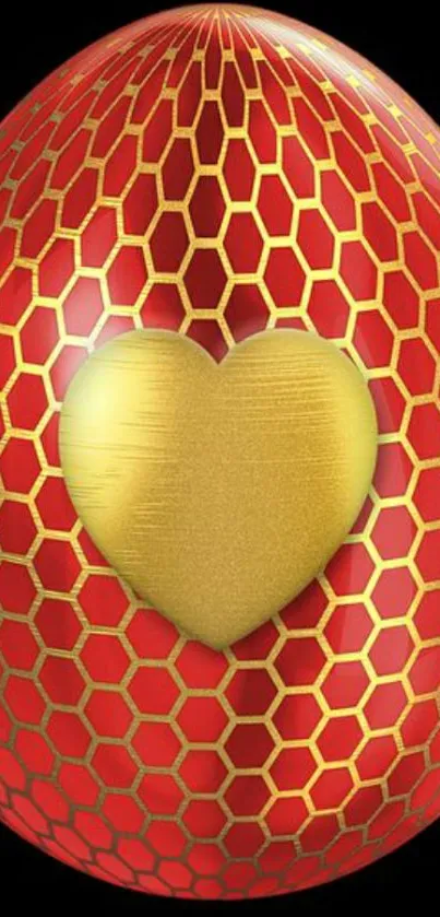 Golden heart on a red, hexagon-patterned egg wallpaper.