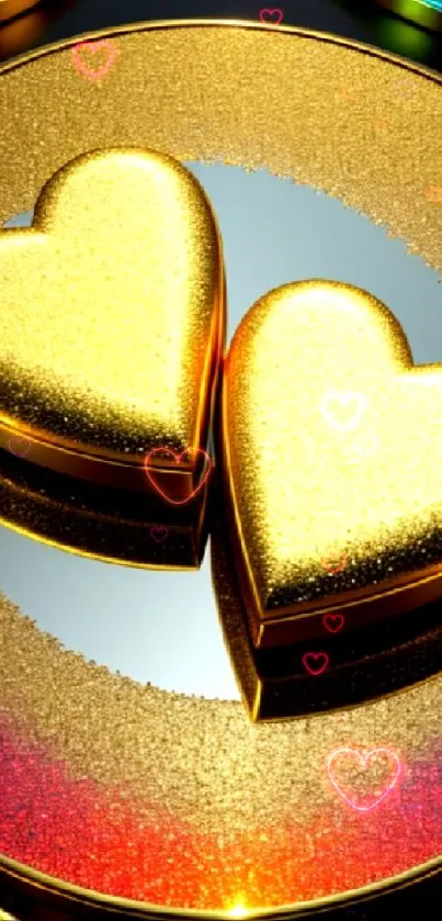 Shimmering golden hearts on a reflective background.