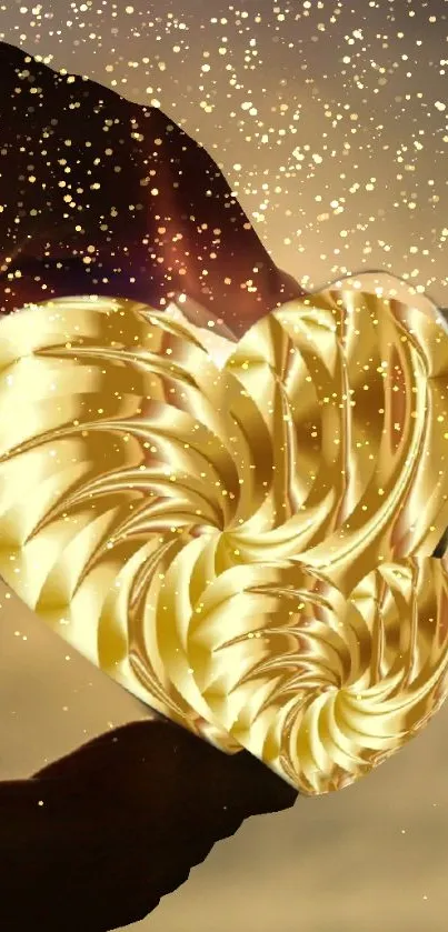 Golden heart silhouette against a warm sky, perfect for mobile wallpaper.