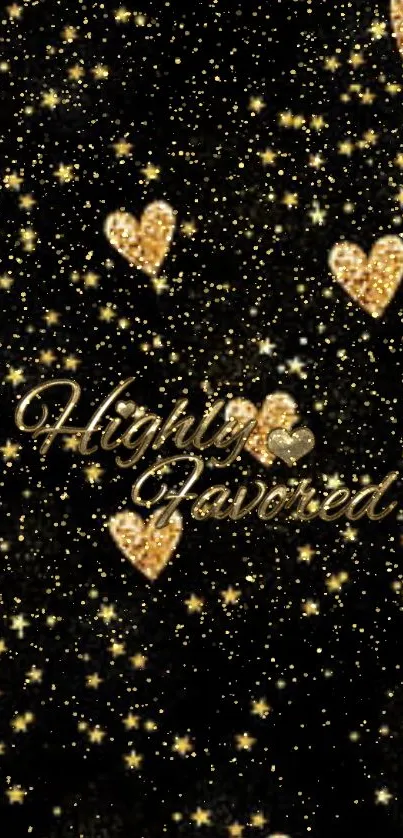 Wallpaper with golden hearts and sparkles on a black background.