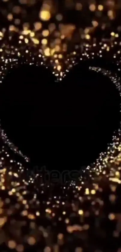 Heart-shaped design with golden sparkles on a dark background.