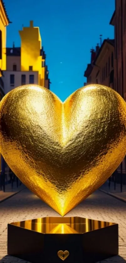 Golden heart sculpture glowing in urban street setting.