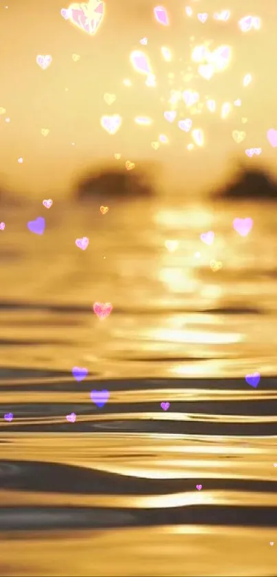 Golden sunset with floating hearts over water at dusk.