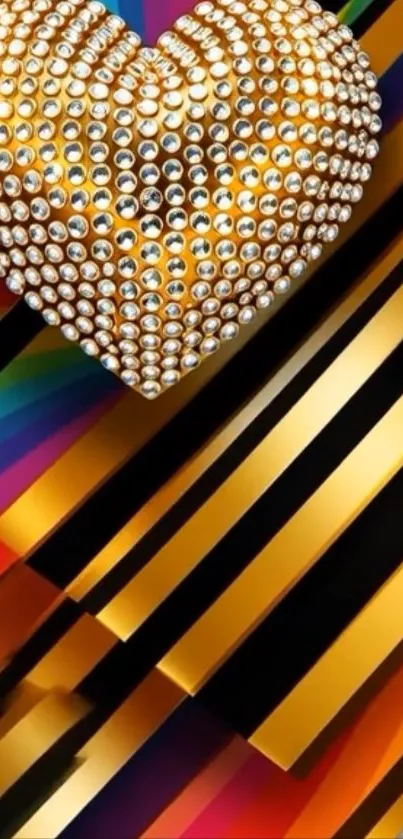 Jeweled golden heart on multicolored striped background.