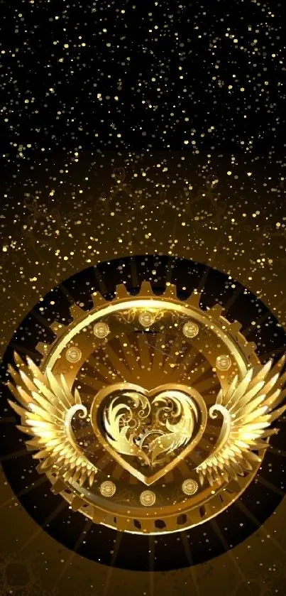 Golden heart with wings on a dark background, elegant wallpaper design.