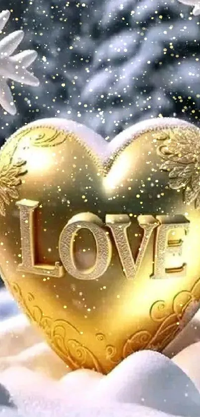 Golden heart in snowy winter setting wallpaper.