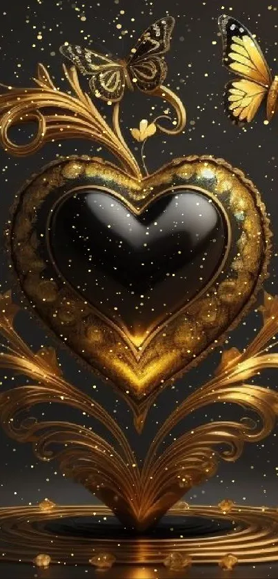 Gold heart ornament with butterflies on dark background.