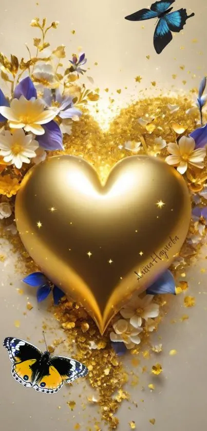 Golden heart with butterflies and flowers on mobile wallpaper.