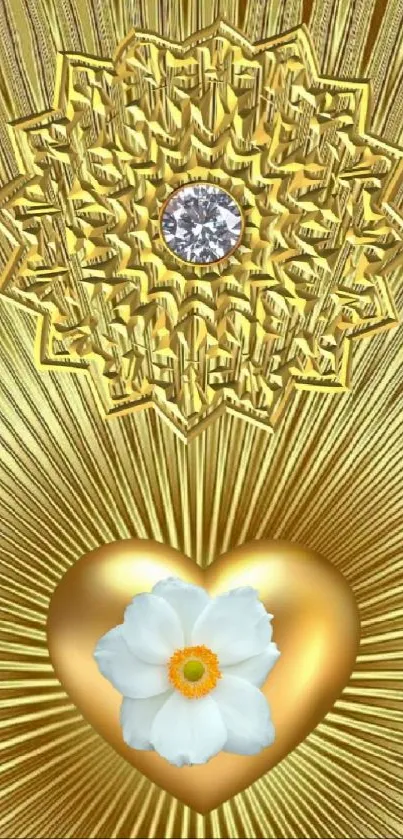 Golden heart wallpaper with floral and ornate diamond design.