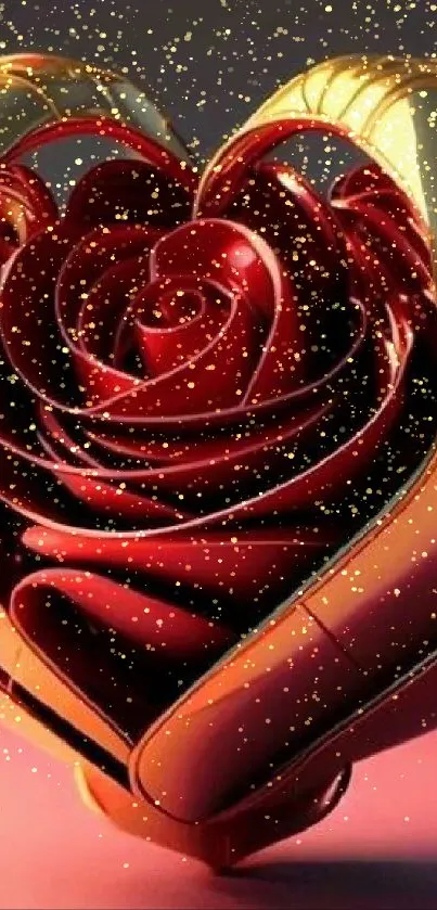 Golden heart encasing a red rose, elegant mobile wallpaper.