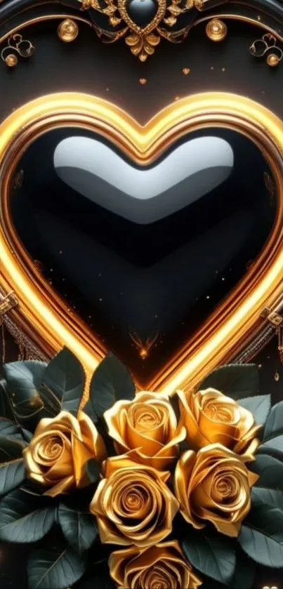 Golden heart with black center and roses wallpaper.