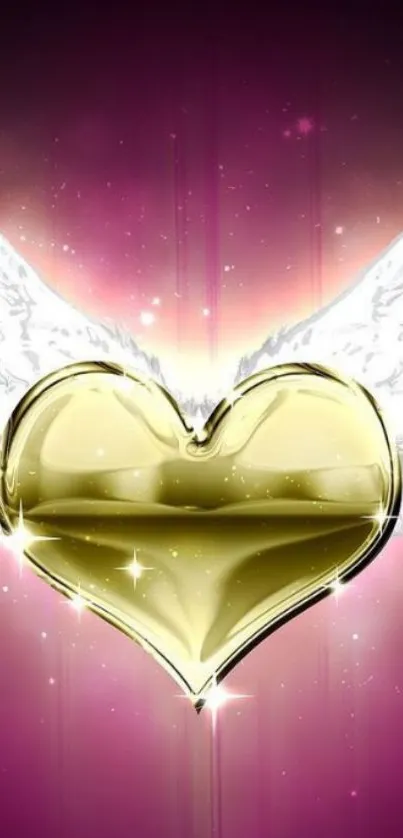 Golden heart with wings on a pink-purple gradient background.