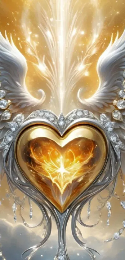 Golden heart with angelic wings in glowing celestial design.