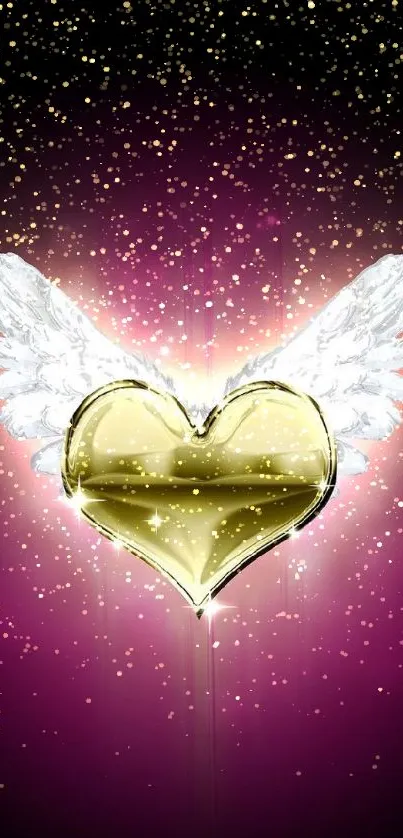 Golden heart with wings on purple background mobile wallpaper.