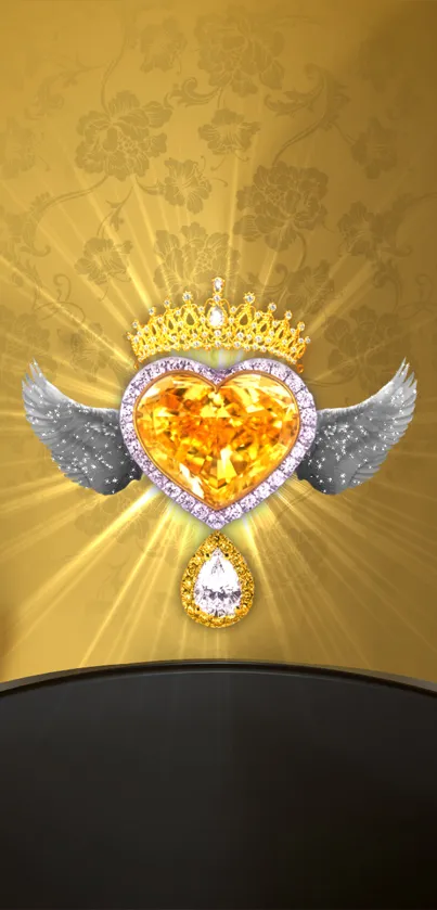 Golden heart with wings and crown on floral gold wallpaper.