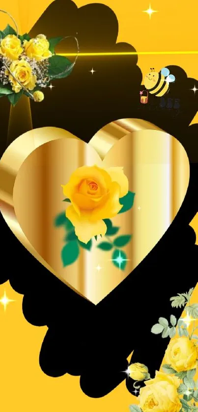 Golden heart with yellow roses on a vibrant yellow background.