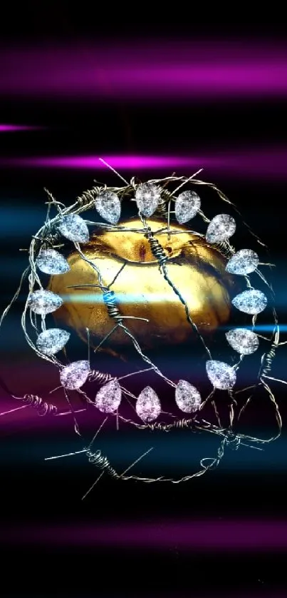 Golden heart wrapped in barbed wire with jewels on a dark background.