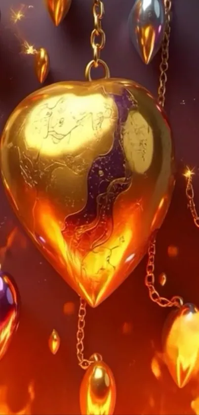 Golden heart with chains and fiery accents in a striking wallpaper design.