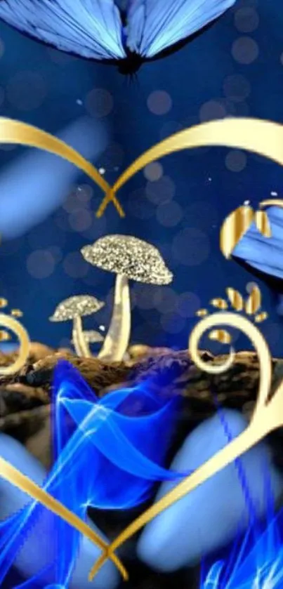 Mystical wallpaper with gold hearts and blue mushrooms.