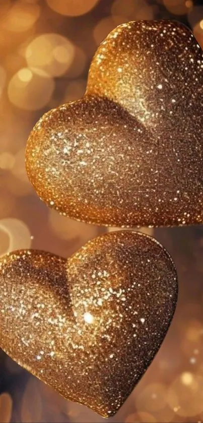 Golden sparkling hearts with bokeh lights background wallpaper.