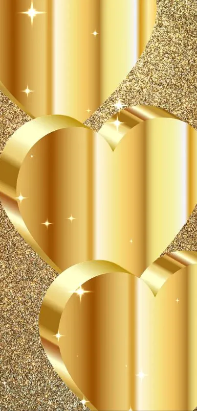 Golden hearts with sparkly glitter background wallpaper.