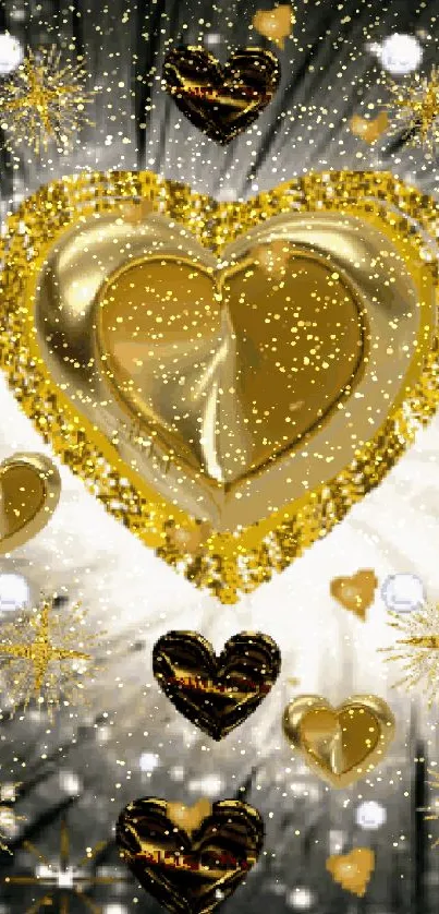 Golden hearts with sparkling glitter on a radiant background.