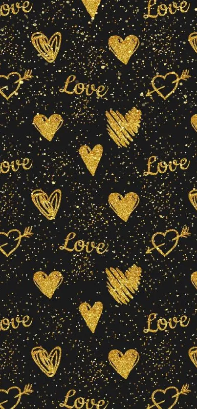 Black wallpaper with golden hearts and love typography.