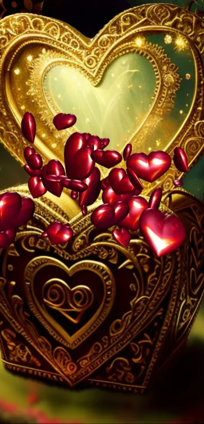 Golden heart-shaped box with red floating hearts wallpaper.