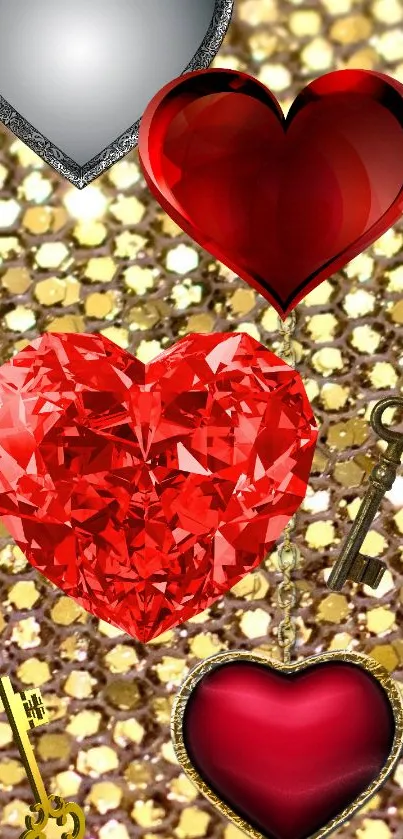 Vibrant red hearts with gold background.