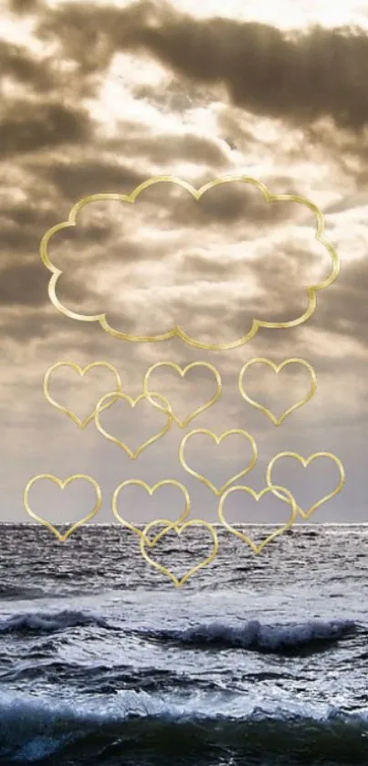 Golden heart outlines float over a calm ocean with a cloudy sky.