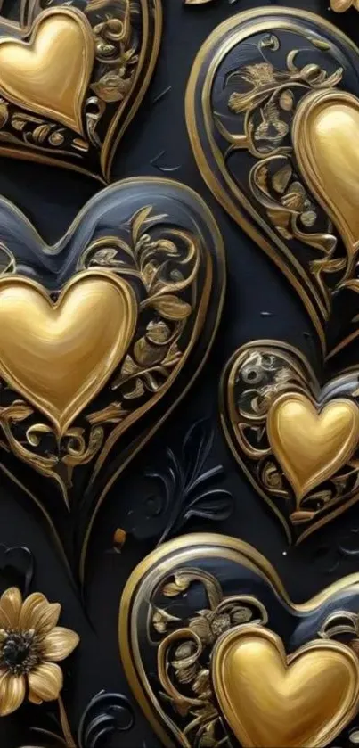 Mobile wallpaper with golden heart patterns on a black background.