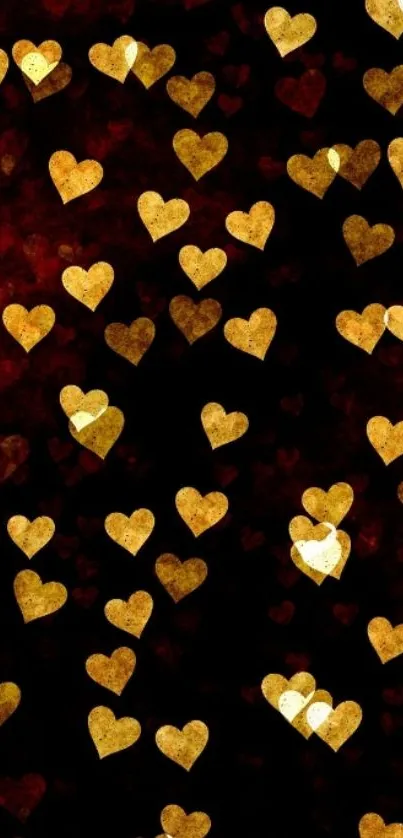 Mobile wallpaper with glowing golden hearts on black.