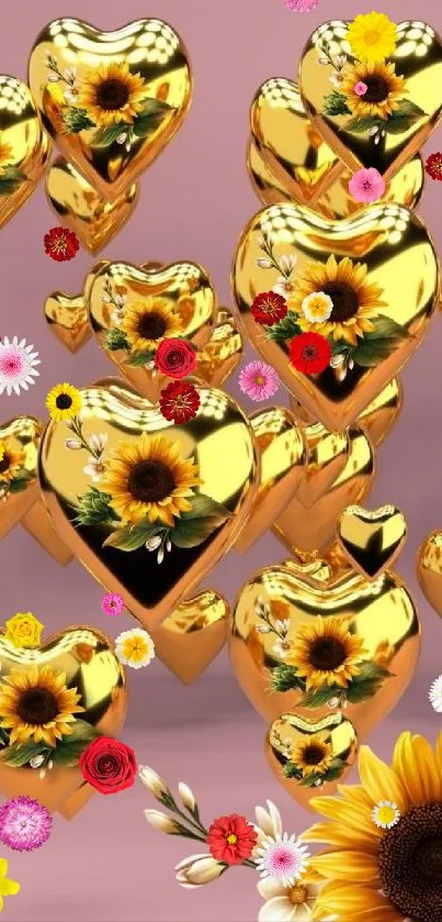 Floating golden hearts with sunflowers on pink background.