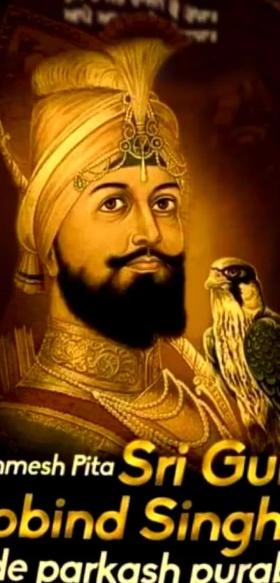 Golden portrait of a Sikh figure with a bird on a mobile wallpaper.