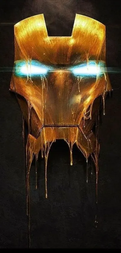 Golden hero mask with blue glowing eyes on dark background.