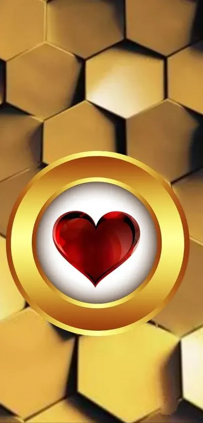 Gold hexagon wallpaper with a red heart center.