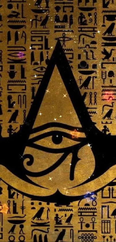 Eye of Horus with golden Egyptian hieroglyphics on a mobile wallpaper.