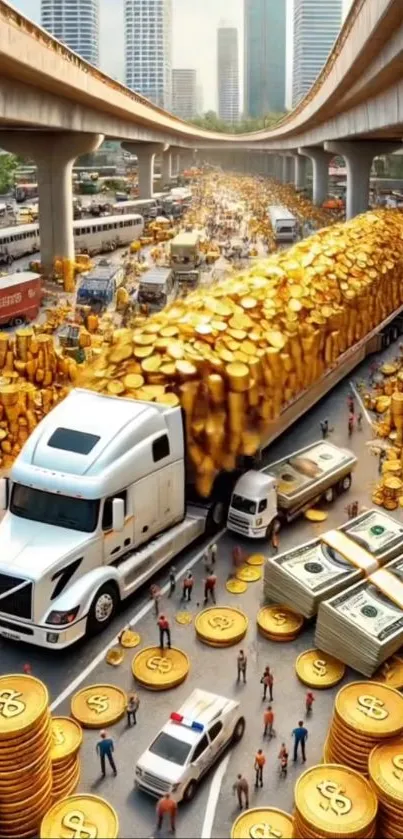 Truck carrying gold on a highway in a cityscape.