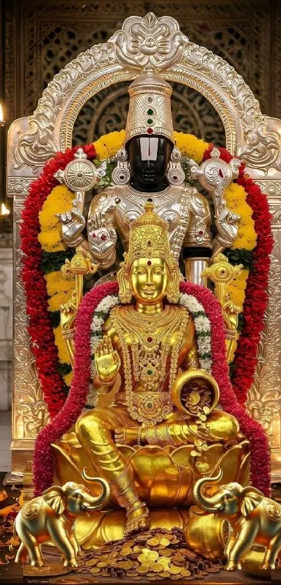 Golden Hindu deity statue with colorful garlands.