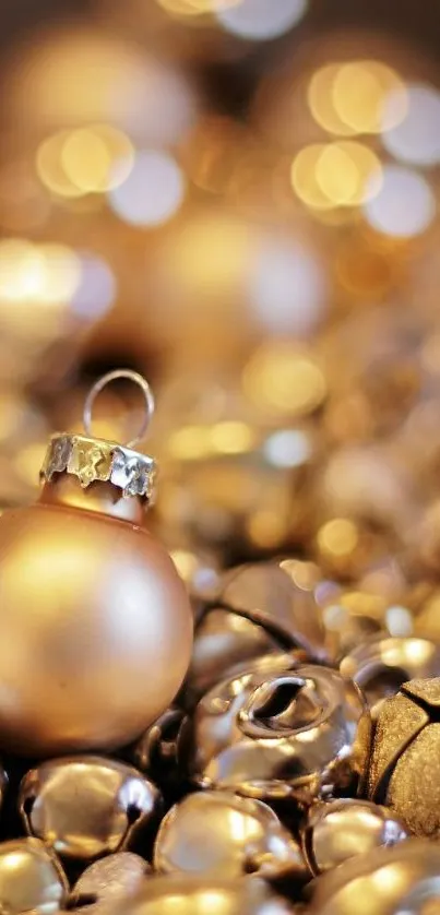 Elegant golden baubles in festive holiday setting.